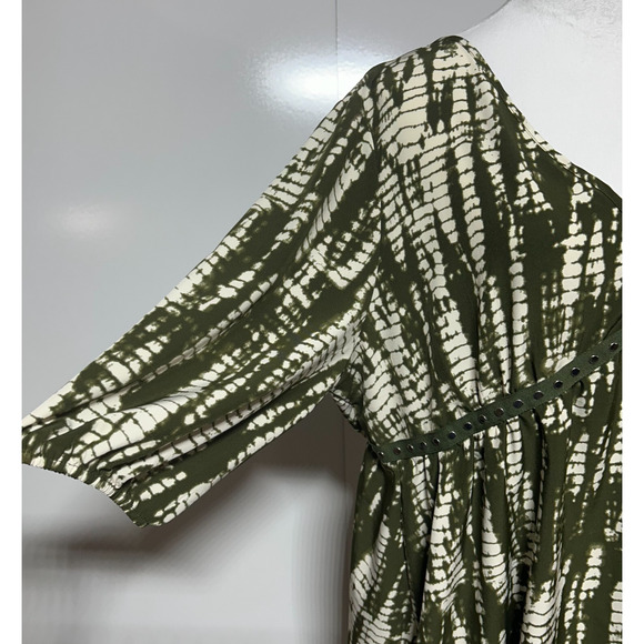 Bloomchic Dress 18-20 Midi Green Cream Abstract Balloon Sleeve V Neck Stretch - Picture 6 of 13